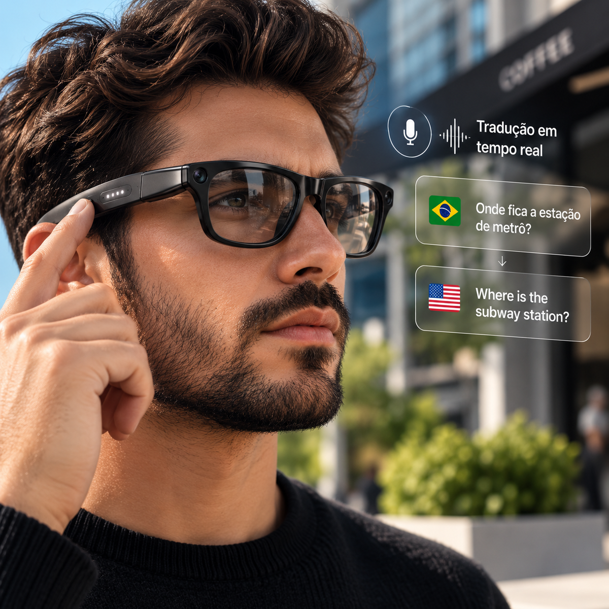 Óculos Inteligentes 3 em 1 — Câmera, Áudio e Inteligência Artificial