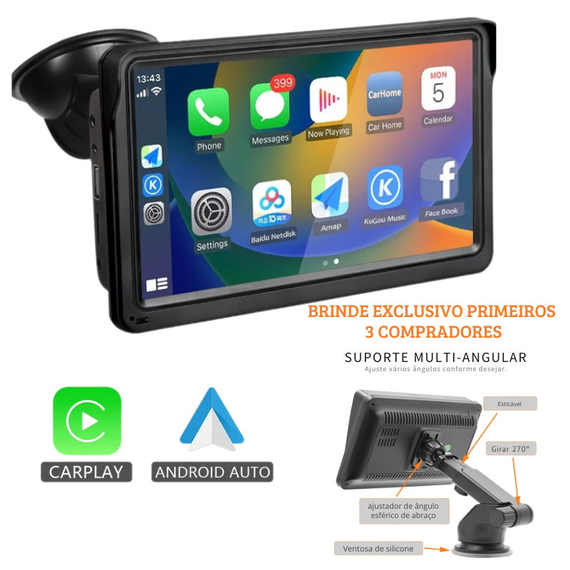 Multimidia Android Auto + CarPlay | Somente Hoje com Suporte de Brinde