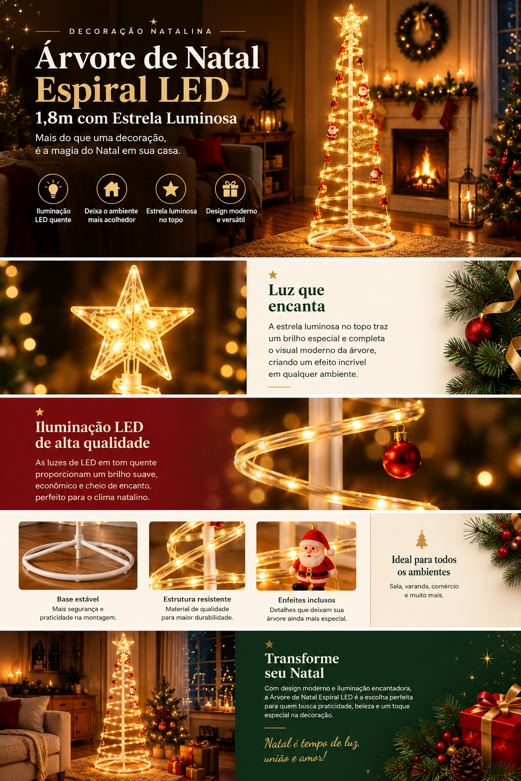 Árvore de Natal Espiral LED 1,8m com Estrela Luminosa – Decoração Natalina Moderna